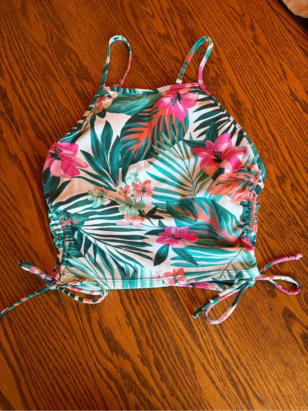 Hurley White Tropical Floral High-Neck Tank Swim Top with Teal Straps